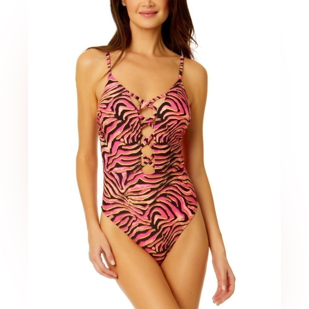 SALT + COVE Women's Mane Event Printed Lattice-Front One-Piece Swimsuit, swim S
